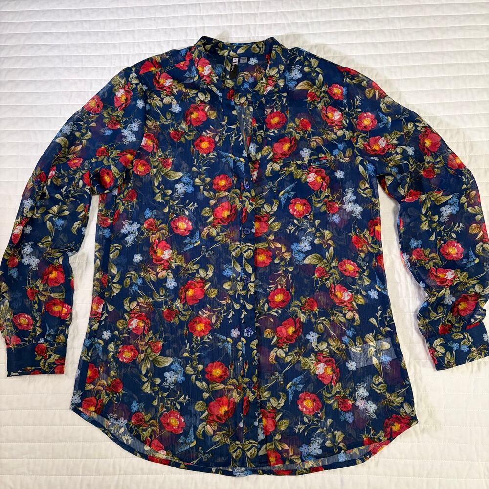 Kut From The Kloth Floral Sheer Long Sleeve V Neck Blouse Womens Small